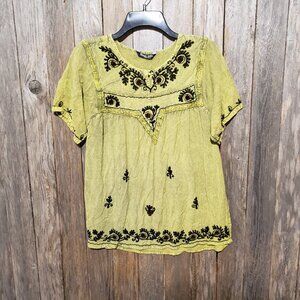 Magic India M Top Blouse Green Embroidered Short Sleeve Folk Boho Peasant Cotton